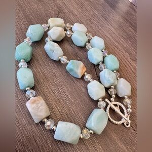 Handmade Natural Stone Amazonite and AB Glass Beaded Necklace